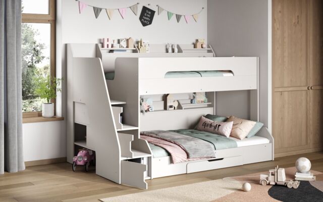 Flair Slick Staircase Triple Bunk Bed with Storage in White - Size: Single - image 1