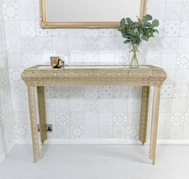 Downton Interiors Light Gold Embossed Metal Mirrored Glass Console Table - Agadir Range - Size: Medium - image 1