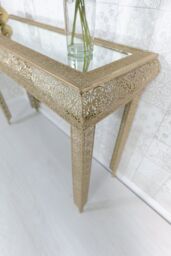 Downton Interiors Light Gold Embossed Metal Mirrored Glass Console Table - Agadir Range - Size: Medium - thumbnail 5