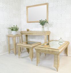 Downton Interiors Light Gold Embossed Metal Mirrored Glass Console Table - Agadir Range - Size: Medium - thumbnail 7