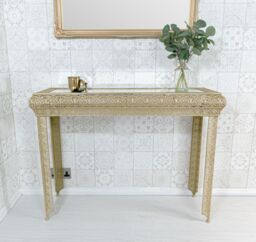 Downton Interiors Light Gold Embossed Metal Mirrored Glass Console Table - Agadir Range - Size: Medium - thumbnail 1