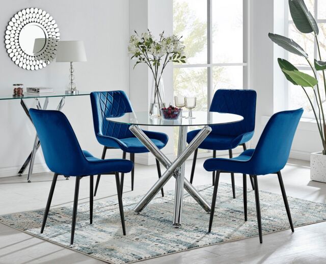 FurnitureboxUK Selina Round Glass Chrome Leg Dining Table & Pesaro Black Leg Chairs in Navy - Size: 4 Person - image 1