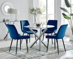 FurnitureboxUK Selina Round Glass Chrome Leg Dining Table & Pesaro Black Leg Chairs in Navy - Size: 4 Person
