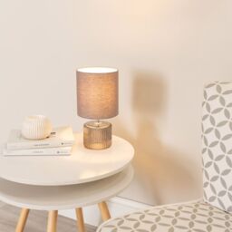 ValueLights Betty Glass Table Lamp with Fabric Lamp Shade & LED Bulb in Grey