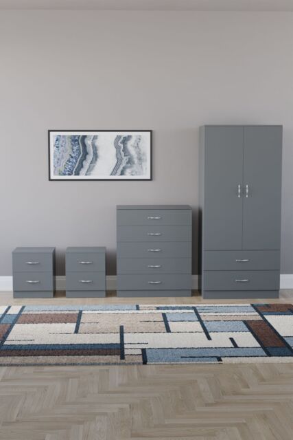 Home Discount Vida Designs Riano 4Pc Bedroom Set 2 Drawer Bedside, 5 Drawer Chest in Grey - image 1