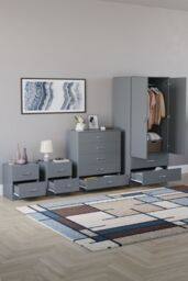 Home Discount Vida Designs Riano 4Pc Bedroom Set 2 Drawer Bedside, 5 Drawer Chest in Grey - thumbnail 2