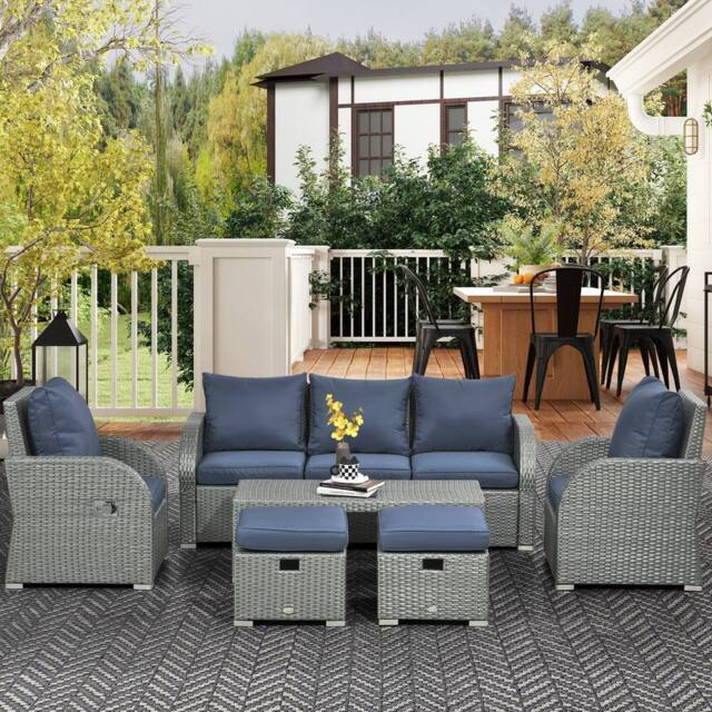 OUTSUNNY Rattan Garden Furniture Set with Recliners, Footstools in Blue - image 1