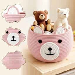 VOGREX Pink Bear Cotton Rope Baby Diaper Caddy Basket With Handle - thumbnail 3