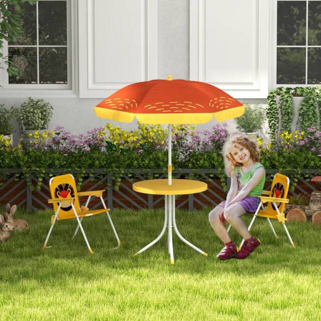 OUTSUNNY Children Table & Chair Set Outdoor Garden Furniture Set w/ Lion Theme - Yellow - image 1