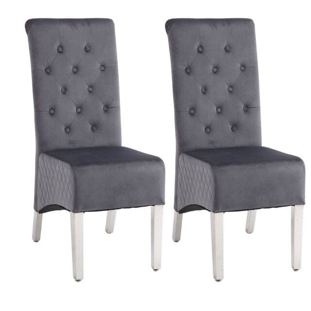 Modernique A Pair (x2) Velvet Tufted High Back Dining Chairs with Chrome Legs in Grey - image 1