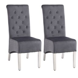 Modernique A Pair (x2) Velvet Tufted High Back Dining Chairs with Chrome Legs in Grey - thumbnail 1