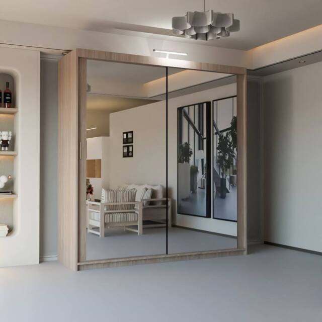 Sliding Wardrobes 4U Stylish Sliding Mirror Wardrobe with LED, Double Doors, 203cm in Light Oak - image 1