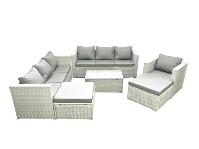 Fimous Wicker PE Rattan Sofa Garden Furniture Set with Armchair Oblong Coffee Table 2 Big Footstools Light Grey Mixed - image 1