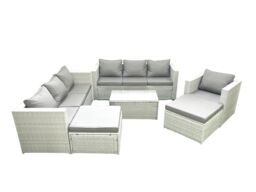 Fimous Wicker PE Rattan Sofa Garden Furniture Set with Armchair Oblong Coffee Table 2 Big Footstools Light Grey Mixed - thumbnail 1