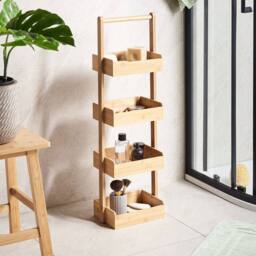 Wyld and Coco 4-Tier Bath Shelving Unit with Basket Design - Light Brown