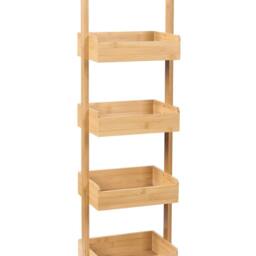 Wyld and Coco 4-Tier Bath Shelving Unit with Basket Design - Light Brown - thumbnail 2