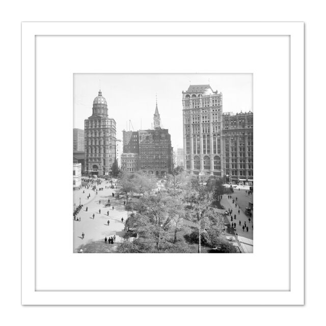 Artery8 New York City Hall Park World Building Vintage Photo 8X8 Inch Square Wooden Framed Wall Art Print Picture with Mount in White - image 1