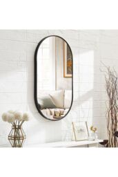 Living and Home 40 x 70 cm Oval Wall Mounted Mirror Black Metal Frame Bathroom Mirror
