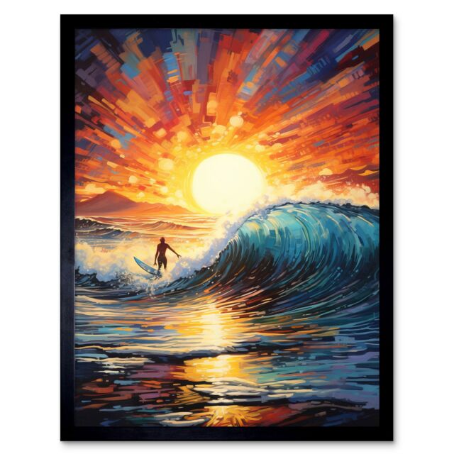 Artery8 Wall Art Print Sunset Surf Waves Surfing Artwork Vibrant Blue Purple Orange Setting Sun Behind Surfer in Wavy Seascape Art Framed - image 1