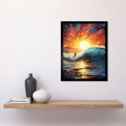Artery8 Wall Art Print Sunset Surf Waves Surfing Artwork Vibrant Blue Purple Orange Setting Sun Behind Surfer in Wavy Seascape Art Framed - thumbnail 2