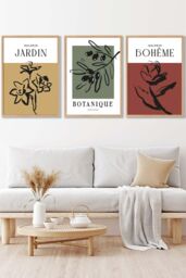 ARTZE Set of 3 Oak Framed Minimalist Sketch Leaves Flowers Yellow Red Green Wall Art - Size: W45 cm x H62 cm x D20mm