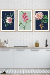 ARTZE Set of 3 Oak Framed Vintage Flowers Navy Blue & Sage Green Wall Art - Size: W33 cm x H45 cm x D20mm
