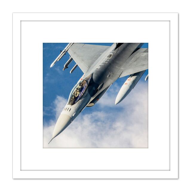 Artery8 Military USA USAF F-16 Fighting Falcon Fighter Jet Photo 8X8 Inch Square Wooden Framed Wall Art Print Picture with Mount in White - image 1