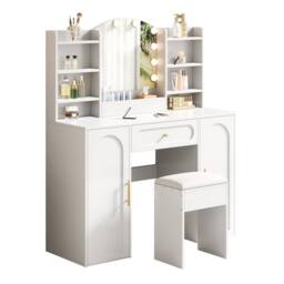 STILVORA Dressing Table Set with LED Mirror, Adjustable Lighting, Storage, Stool, Modern Vanity Table in White - thumbnail 6