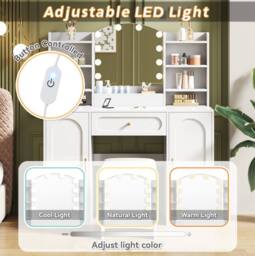 STILVORA Dressing Table Set with LED Mirror, Adjustable Lighting, Storage, Stool, Modern Vanity Table in White - thumbnail 7