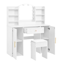 STILVORA Dressing Table Set with LED Mirror, Adjustable Lighting, Storage, Stool, Modern Vanity Table in White - thumbnail 5