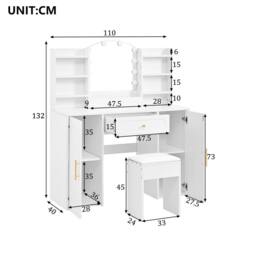 STILVORA Dressing Table Set with LED Mirror, Adjustable Lighting, Storage, Stool, Modern Vanity Table in White - thumbnail 4