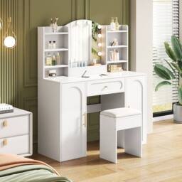 STILVORA Dressing Table Set with LED Mirror, Adjustable Lighting, Storage, Stool, Modern Vanity Table in White - thumbnail 2