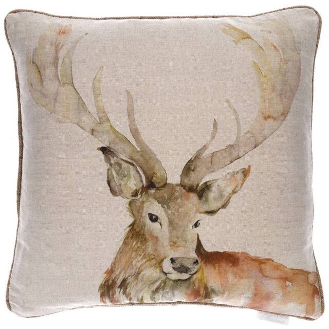 Voyage Maison Gregor Painted Stag Piped Cushion in Natural - Size: 50 cm x 50 cm