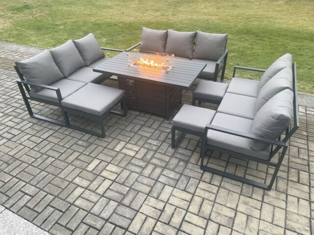 Fimous Aluminium Garden Furniture Outdoor Set Patio Lounge Sofa Gas Fire Pit Dining Table Set with 3 Footstools Dark Grey - image 1