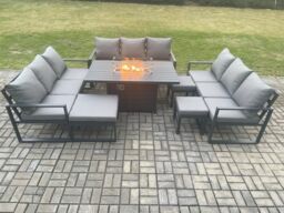 Fimous Aluminium Garden Furniture Outdoor Set Patio Lounge Sofa Gas Fire Pit Dining Table Set with 3 Footstools Dark Grey - thumbnail 2