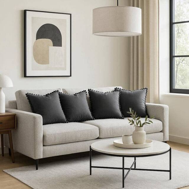 Luxury Living Set of 4 Velvet Cushions with Pom Trim with pads in Charcoal - Size: 43 cm x 43 cm - image 1