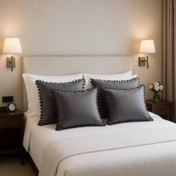 Luxury Living Set of 4 Velvet Cushions with Pom Trim with pads in Charcoal - Size: 43 cm x 43 cm - thumbnail 5
