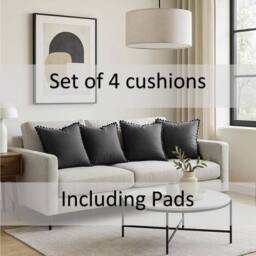 Luxury Living Set of 4 Velvet Cushions with Pom Trim with pads in Charcoal - Size: 43 cm x 43 cm - thumbnail 6