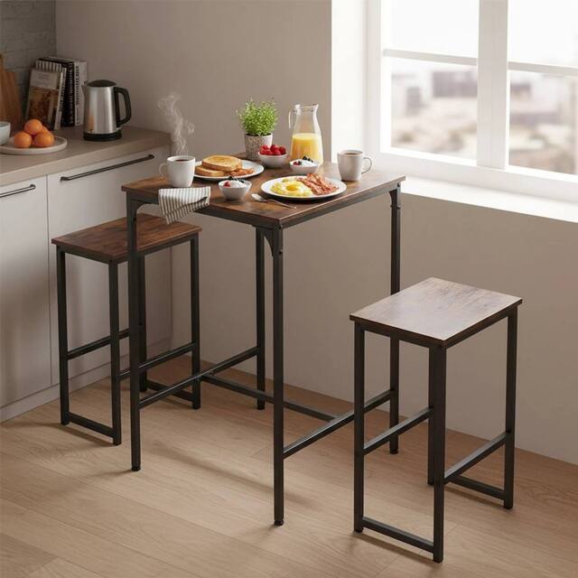 EONLION 3pcs Set Breakfast Bar Table & Stools Kitchen in Brown - Size: 100 cm - image 1