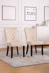 Neo Set of Two Studded Velvet Dining Chair with Ring Knocker Detail in Natural - thumbnail 5