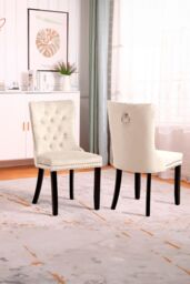 Neo Set of Two Studded Velvet Dining Chair with Ring Knocker Detail in Natural - thumbnail 1