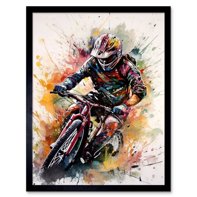 "Artery8 Wall Art Print Mountain Biker Action Shot Paint Splat Portrait Art Framed in Black - Size: W12"" x H16""" - image 1