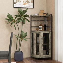 Costway Corner Bar Cabinet Industrial Wine Buffet Cabinet with Glass Holder Mesh Doors in Brown - thumbnail 3