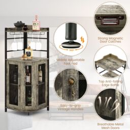 Costway Corner Bar Cabinet Industrial Wine Buffet Cabinet with Glass Holder Mesh Doors in Brown - thumbnail 5