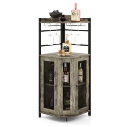 Costway Corner Bar Cabinet Industrial Wine Buffet Cabinet with Glass Holder Mesh Doors in Brown