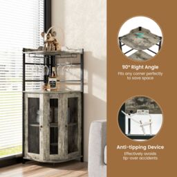 Costway Corner Bar Cabinet Industrial Wine Buffet Cabinet with Glass Holder Mesh Doors in Brown - thumbnail 6