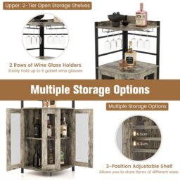 Costway Corner Bar Cabinet Industrial Wine Buffet Cabinet with Glass Holder Mesh Doors in Brown - thumbnail 4