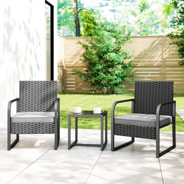 OUTSUNNY Rattan Bistro Set, 3 Piece Garden Furniture Set Cushions, Black - image 1