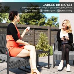 OUTSUNNY Rattan Bistro Set, 3 Piece Garden Furniture Set Cushions, Black - thumbnail 4