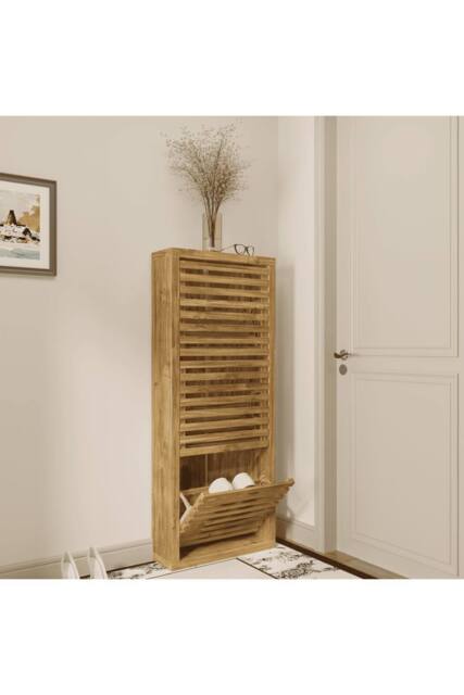Home Source Luna Compact Shoe Storage Cabinet Rack Stand Cupboard 3 Slatted Doors in Brown - image 1